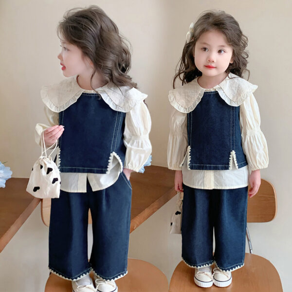 Ensemble de printemps pour filles, style coréen, gilet en jean  pantalon large en jean et chemise , tendance