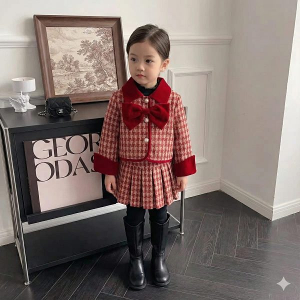 Ensembles de jupe plissée manteau à carreaux Bordeaux